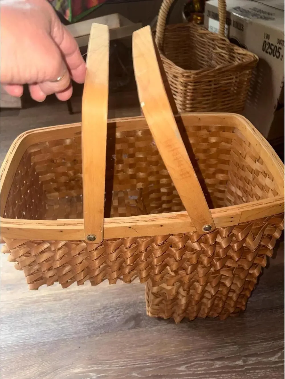 Vintage hand-woven wooden stair-step basket with curly splint decorations